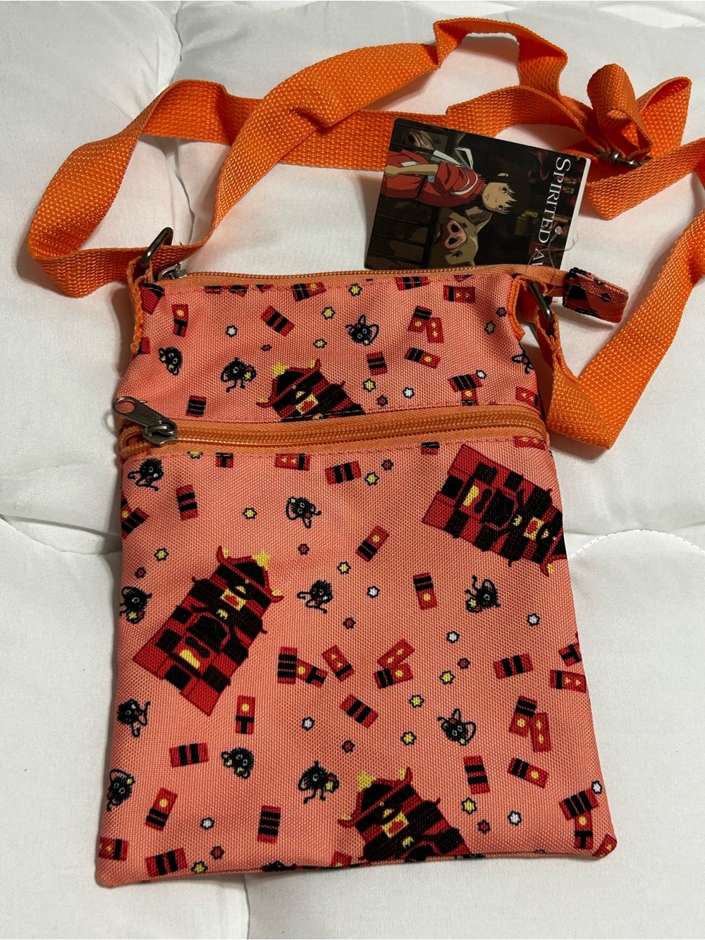 Pink Crossbody Bag with Orange Strap - Anime Print